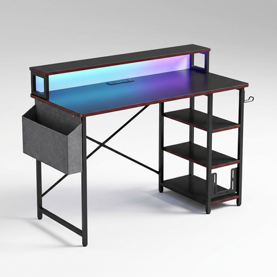 Gaming Desk Built for Immersive Setups, 44 Inch LED Strip, 4 Tier Shelves, Built-in Power Outlets, Steel Frame