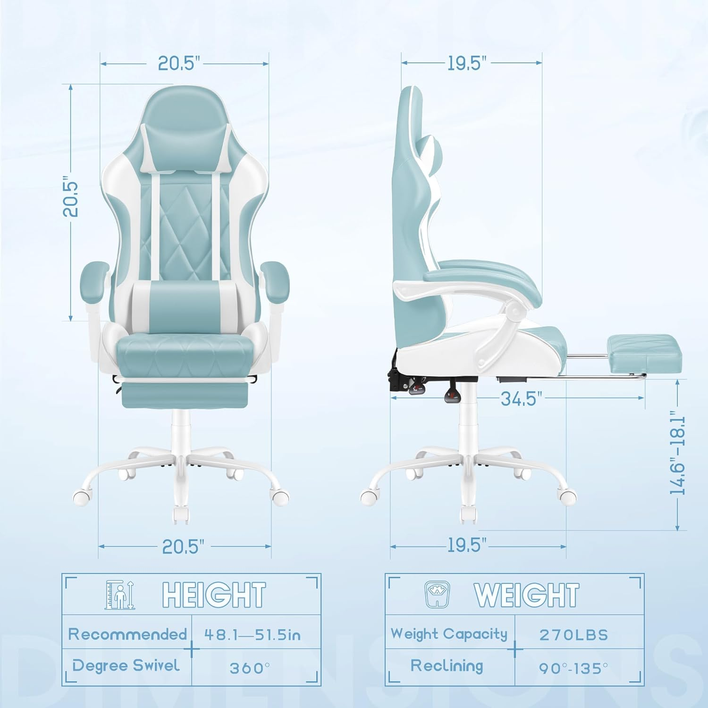Gaming Chair with Footrest and Massage Lumbar Support, Ergonomic Office Computer Seat Height Adjustable with Headrest, Light Blue