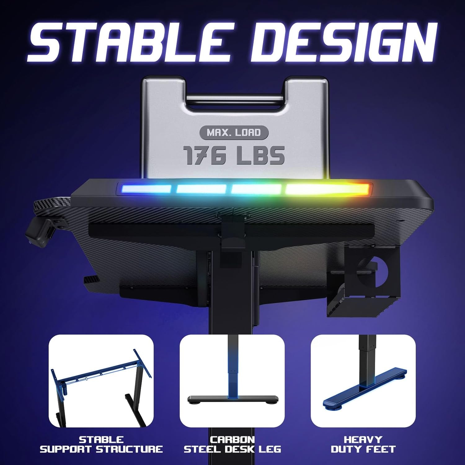 Gaming Standing Desk with LED Lights & Host Shelf, 55" X 24" Gaming Table with Music Sensing APP Control, Underdesk Cable Storage Electric Standing Desk, Black Carbon Fiber PC Table for Home Office