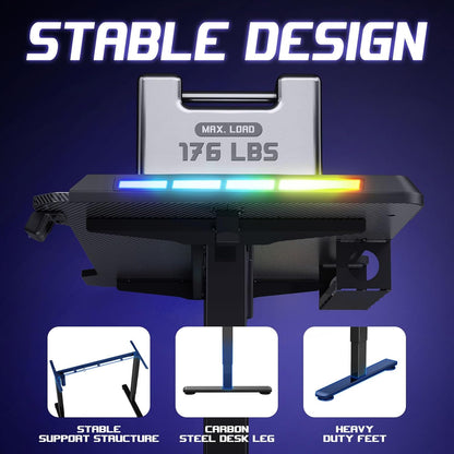 Gaming Standing Desk with LED Lights & Host Shelf, 55" X 24" Gaming Table with Music Sensing APP Control, Underdesk Cable Storage Electric Standing Desk, Black Carbon Fiber PC Table for Home Office