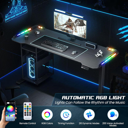 Gaming Standing Desk with LED Lights & Host Shelf, 55" X 24" Gaming Table with Music Sensing APP Control, Underdesk Cable Storage Electric Standing Desk, Black Carbon Fiber PC Table for Home Office