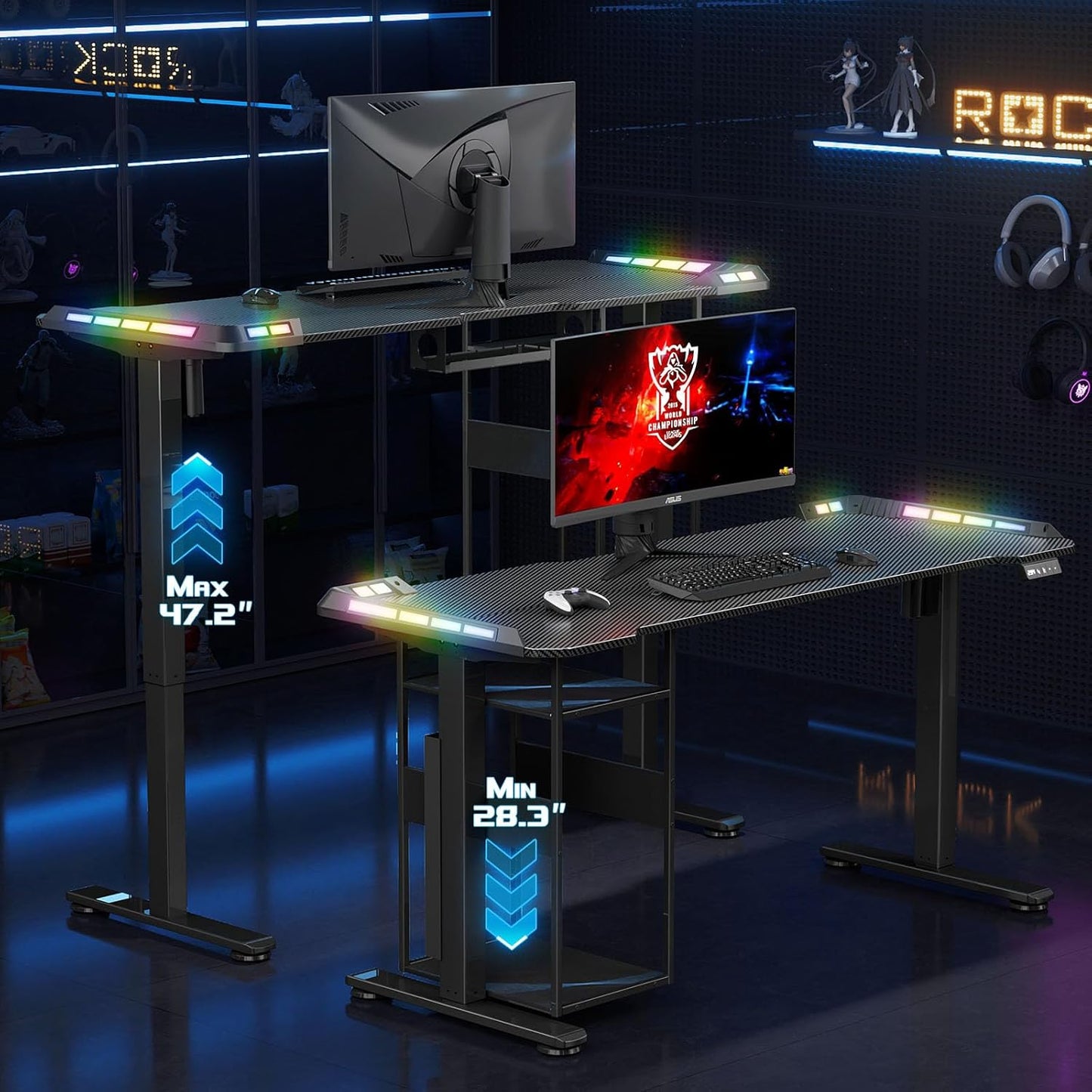 Gaming Standing Desk with LED Lights & Host Shelf, 55" X 24" Gaming Table with Music Sensing APP Control, Underdesk Cable Storage Electric Standing Desk, Black Carbon Fiber PC Table for Home Office