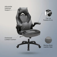 3085 Ergonomic Gaming Chair for Adults, High Back Office Chair with Headrest and Flip up Arms, Leather Racing Style Gaming Seat with Lumbar Support, Video Game Computer Desk Seat - Gray — infographic