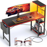 Gaming Desk Built for Immersive Setups, 44 Inch LED Strip, 4 Tier Shelves, Built-in Power Outlets, Steel Frame