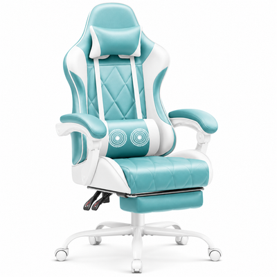 Gaming Chair with Footrest and Massage Lumbar Support, Ergonomic Office Computer Seat Height Adjustable with Headrest, Light Blue