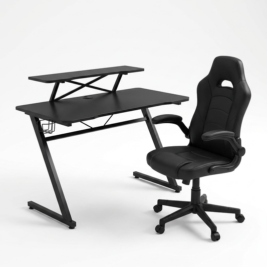 Gaming Desk Chair Set Built for Extended Sessions, 51.5 Inch Desktop, Raised Monitor Platform, Ergonomic Support — Studio Shot