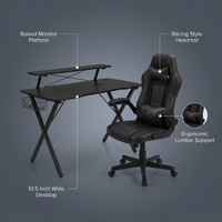 Gaming Desk Chair Set Built for Extended Sessions, 51.5 Inch Desktop, Raised Monitor Platform, Ergonomic Support — infographic