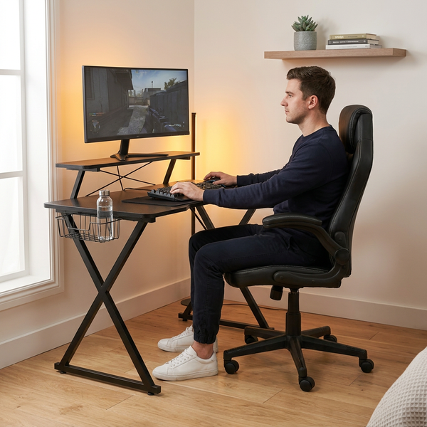 Gaming Desk Chair Set Built for Extended Sessions, 51.5 Inch Desktop, Raised Monitor Platform, Ergonomic Support
