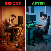 Gaming Desk and Chair Set Built for Extended Sessions, 51.5 Inch Desktop, Raised Monitor Platform, Ergonomic Support — Before & After