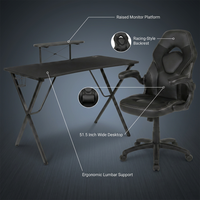 Gaming Desk and Chair Set Built for Extended Sessions, 51.5 Inch Desktop, Raised Monitor Platform, Ergonomic Support — infographic