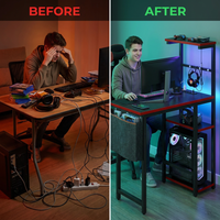 Gaming Desk with Power Outlets, 44 Inch Led Gamer Desk with 4 Tiers Reversible Shelves, PC Gaming Table with Headset Hook & Side Storage Bag for Bedroom (Black 3D Carbon Fiber) — Before & After