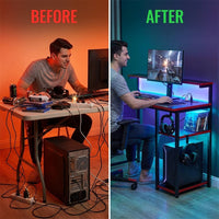 Gaming Desk with Power Outlets, 44 Inch Led Gamer Desk with 4 Tiers Reversible Shelves, PC Gaming Table with Headset Hook & Side Storage Bag for Bedroom (Black 3D Carbon Fiber) — Before & After