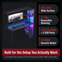 Gaming Desk with Power Outlets, 44 Inch Led Gamer Desk with 4 Tiers Reversible Shelves, PC Gaming Table with Headset Hook & Side Storage Bag for Bedroom (Black 3D Carbon Fiber) — Results & Stats