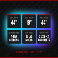 Gaming Desk with Power Outlets, 44 Inch Led Gamer Desk with 4 Tiers Reversible Shelves, PC Gaming Table with Headset Hook & Side Storage Bag for Bedroom (Black 3D Carbon Fiber) — Results & Stats