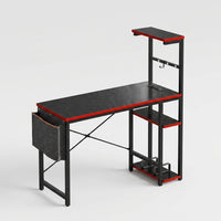 Gaming Desk with Power Outlets, 44 Inch Led Gamer Desk with 4 Tiers Reversible Shelves, PC Gaming Table with Headset Hook & Side Storage Bag for Bedroom (Black 3D Carbon Fiber) — Studio Shot