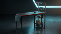Gaming Desk with Power Outlets, 44 Inch Led Gamer Desk with 4 Tiers Reversible Shelves, PC Gaming Table with Headset Hook & Side Storage Bag for Bedroom (Black 3D Carbon Fiber) — Lifestyle