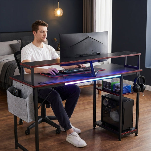 Gaming Desk Built for Immersive Setups, 44 Inch LED Strip, 4 Tier Shelves, Built-in Power Outlets, Steel Frame