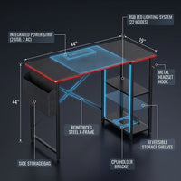 Gaming Desk with Power Outlets, 44 Inch Led Gamer Desk with 4 Tiers Reversible Shelves, PC Gaming Table with Headset Hook & Side Storage Bag for Bedroom (Black 3D Carbon Fiber) — How It Works