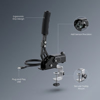 USB Handbrake, Linear E Handbrake, Hall Sensor, 64 Bit Handbrake for PC Racing Games, for G27 G29 G920 T500 T300 ETS2 ATS Brake Analog Hand Brake with Handle Grip Clamp, Compatible — infographic