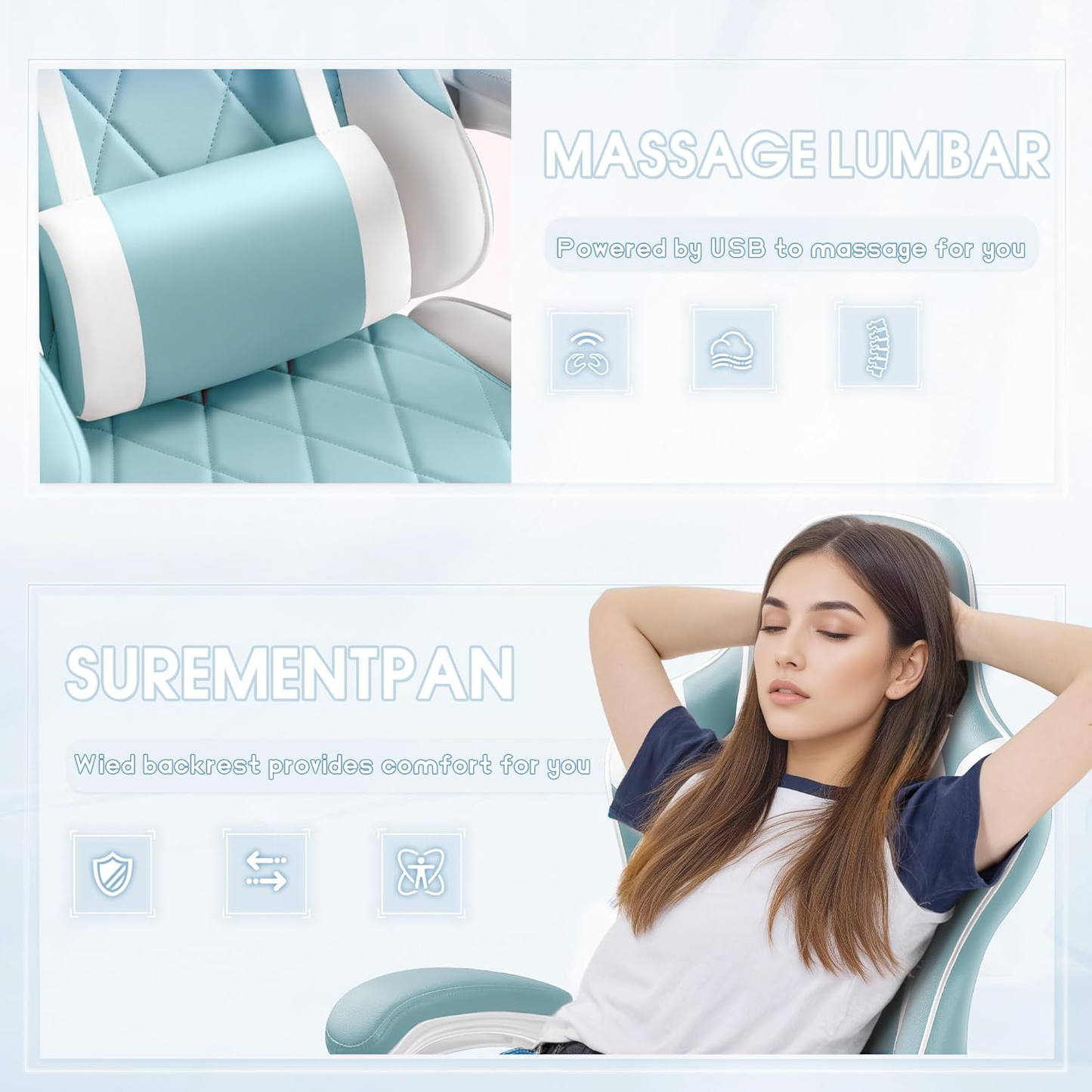 Gaming Chair with Footrest and Massage Lumbar Support, Ergonomic Office Computer Seat Height Adjustable with Headrest, Light Blue