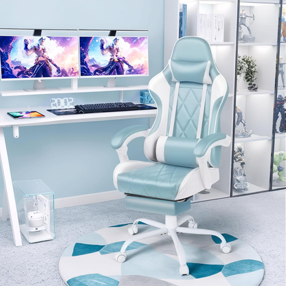 Gaming Chair with Footrest and Massage Lumbar Support, Ergonomic Office Computer Seat Height Adjustable with Headrest, Light Blue