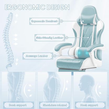 Gaming Chair with Footrest and Massage Lumbar Support, Ergonomic Office Computer Seat Height Adjustable with Headrest, Light Blue