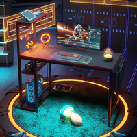 Gaming Desk Built for Immersive Setups, 44 Inch LED Strip, 4 Tier Shelves, Built-in Power Outlets, Steel Frame