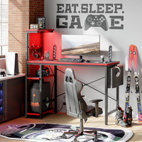 Gaming Desk Built for Immersive Setups, 44 Inch LED Strip, 4 Tier Shelves, Built-in Power Outlets, Steel Frame