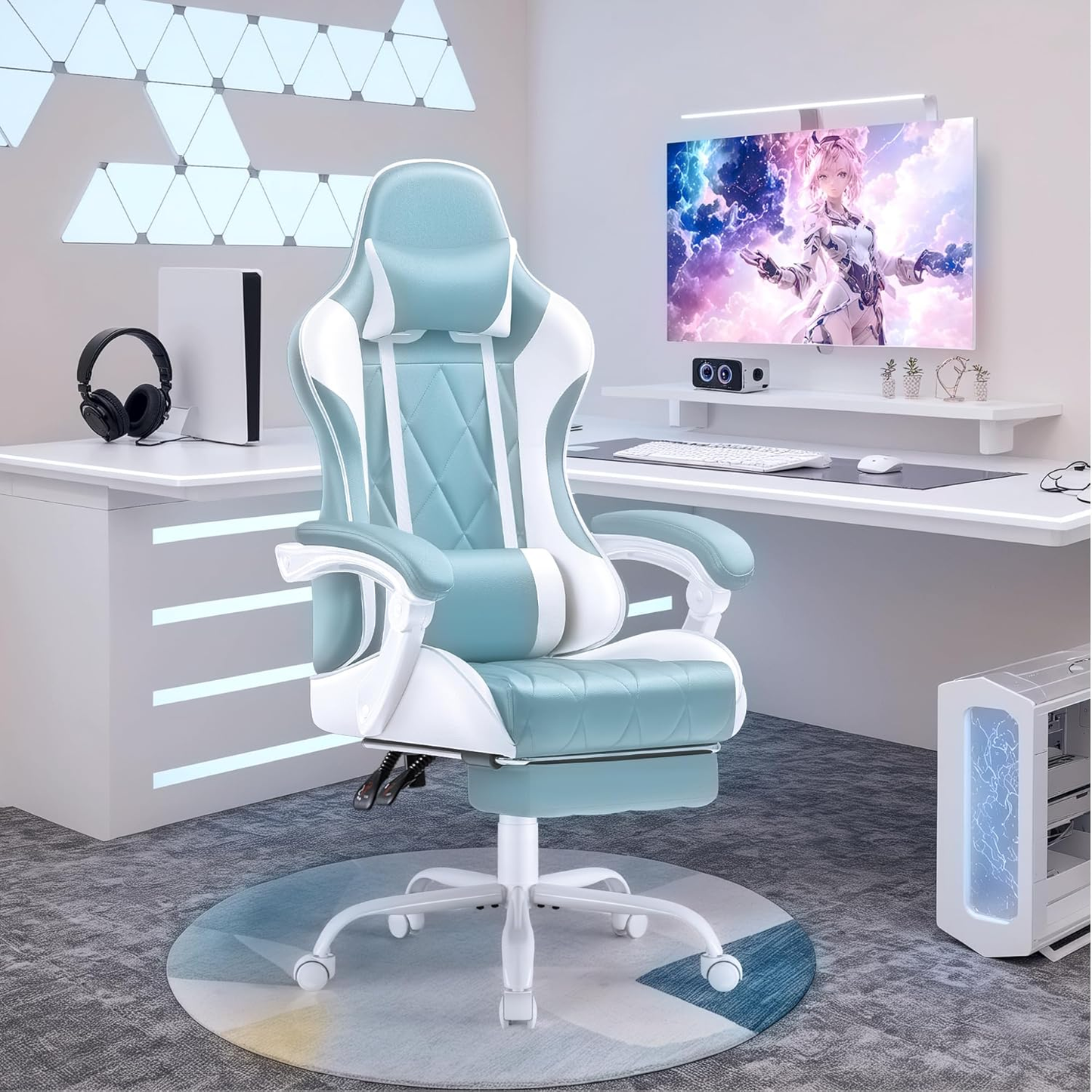 Gaming Chair with Footrest and Massage Lumbar Support, Ergonomic Office Computer Seat Height Adjustable with Headrest, Light Blue